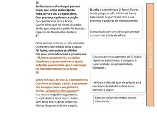 36
Sentiu Joane a afronta que passava
Nuno, que, como sábio capitão,               D. João I, sabendo que D. Nuno Álvares
Tudo corria e via, e a todos dava,           corria perigo, acudiu à linha da frente
Com presença e palavras, coração.            para apoiar os guerreiros com a sua
Qual parida leoa, fera e brava,              presença e palavras de encorajamento.
Que os filhos que no ninho sós estão,
Sentiu que, enquanto pasto lhe buscara,
O pastor de Massília lhos furtara;           Comparação com uma leoa que protege
37                                           as suas crias (norte de África)




                                                                                          Batalha – 28 - 41
Corre raivosa, e freme, e com bramidos
Os montes Sete Irmãos atroa e abala:
Tal Joane, com outros escolhidos
Dos seus, correndo acode à primeira ala:
-"Ó fortes companheiros, ó subidos            Discurso de encorajamento de D. João I.
Cavaleiros, a quem nenhum se iguala,          -Apelo ao patriotismo, à coragem, à
Defendei vossas terras, que a esperança       superioridade, responsabilidade,
Da liberdade está na vossa lança.             liberdade…
38

Vedes-me aqui, Rei vosso, e companheiro,
Que entre as lanças, e setas, e os arneses    - reforça a ideia de que ele próprio está
Dos inimigos corro e vou primeiro:            no campo de batalha e deve ser o
Pelejai, verdadeiros Portugueses!"-           exemplo a seguir!
Isto disse o magnânimo guerreiro,
E, sopesando a lança quatro vezes,              Com um único tiro, matou muitos
Com força tira; e, deste único tiro,            adversários.
Muitos lançaram o último suspiro.
 
