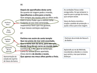 86

                     Depois de aparelhados desta sorte           As condições físicas estão
                     De quanto tal viagem pede e manda,          asseguradas, há que preparar o
                     Aparelhamos a alma para a morte,            espírito para o perigo da morte,
                                                                 que sempre existe.
                     Que sempre aos nautas ante os olhos anda.
                     Para o sumo Poder que a etérea corte        Vasco da Gama recorda a
 Perífrase:          Sustenta só coa vista veneranda,            oração e pedido de protecção e
   Deus
                     Imploramos favor que nos guiasse,           ajuda a Deus para esta viagem.
                     E que nossos começos aspirasse.
    Deus
   Cristão
                     87

                     Partimo-nos assim do santo templo            Partiram da ermida de Nossa S.
 Perífrase:
  Belém              Que nas praias do mar está assentado,        de Belém.
                     Que o nome tem da terra, para exemplo,
                     Donde Deus foi em carne ao mundo dado.
  Apóstrofe:
    Rei de           Certifico-te, ó Rei, que se contemplo       Apóstrofe ao rei de Melinde,
   Melinde           Como fui destas praias apartado,            recordando a dúvida e o receio
                     Cheio dentro de dúvida e receio,            que sentira, mas que tentara
Apresentação do      Que apenas nos meus olhos ponho o freio.    disfarçar.
estado de espírito
de Vasco da Gama
 