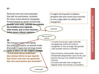 37 -

Porém já cinco sóis eram passados               A viagem da esquadra é rápida e
Que dali nos partíramos, cortando




                                                                                              Introdução – preparação do cenário
                                                próspera até uma nuvem que escurece
Os mares nunca doutrem navegados,               os ares surge sobre as cabeças dos
Prosperamente os ventos assoprando,             navegantes.
Quando uma noite, estando descuidados
Na cortadora proa vigiando,
                                                hipérbato
Uma nuvem, que os ares escurece,
Sobre nossas cabeças aparece.
                                    Discurso de 1º
                                        pessoa
38 -
                                                  A nuvem escura que surgiu vinha tão
Tão temerosa vinha e carregada,
                                                 carregada que encheu de medo os
Que pôs nos corações um grande medo;             navegantes. O mar, ao longe, fazia grande
Bramindo, o negro mar de longe brada,            ruído ao bater contra os rochedos.
Como se desse em vão nalgum rochedo.
"Ó Potestade (disse) sublimada:                  Vasco da Gama, atemorizado, lança voz à
Que ameaço divino ou que segredo                 tempestade perguntando o que era ela, que
Este clima e este mar nos apresenta,             parecia mais que uma simples tormenta
                                                 marinha.
Que mor cousa parece que tormenta?"
                                                 O cenário aterrador fará a imagem do
                                                 Gigante ainda mais terrível e assustadora.

                            comparação
 