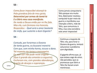 53 -

         Como fosse impossíbel alcançá-la           Como jamais conquistaria
         Pola grandeza feia de meu gesto,           Tétis porque era muito




                                                                                 Desenvolvimento: Discurso do gigante (2ª parte)
         Determinei por armas de tomá-la            feio, Adamastor resolveu
         E a Dóris meu caso manifesto.              conquistá-la por meio da
                                                    guerra e manifestou sua
         De medo a Deusa então por mi lhe fala.
                                                    intenção a Dóris, mãe de
         Mas ela, cum fermoso riso honesto,         Tétis, que comunicou à
         Respondeu: - Qual será o amor bastante     filha, mas esta considera
         De ninfa, que sustente o dum Gigante?      este amor impossível

         54 -
                                                     Continua a resposta de
                                                     Tétis: ela, para livrar o
         Contudo, por livrarmos o Oceano
                                                     Oceano da guerra, tentará
         De tanta guerra, eu buscarei maneira        solucionar o problema
         Com que, com minha honra, escuse o dano.    com dignidade.
         Tal resposta me torna a mensageira.
         Eu, que cair não pude neste engano          O gigante afirma que, já
         (Que é grande dos amantes a cegueira),      que estava cego de amor,
         Encheram-me, com grandes abondanças,        não percebeu que as
         O peito de desejos e esperanças.            promessas que Dóris e
Lírico                                               Tétis lhe faziam eram
                                                     mentirosas.
 