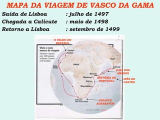 MAPA DA VIAGEM DE VASCO DA GAMA Saída de Lisboa : julho de 1497 Chegada a Calicute : maio de 1498 Retorno a Lisboa : setembro de 1499 HISTÓRIA DE PORTUGAL GIGANTE ADAMASTOR O VELHO DO RESTELO ILHA DOS AMORES INÊS DE CASTRO 