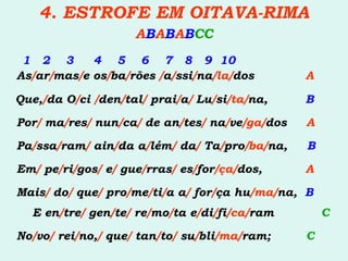 4. ESTROFE EM OITAVA-RIMA A B A B A B CC 1  2  3  4  5  6  7  8  9  10 As / ar / mas / e os / ba / rões  / a / ssi / na /la/ dos   A Que, / da O / ci  / den / tal /  prai / a /  Lu / si /ta/ na,    B Por /  ma / res /  nun / ca /  de an / tes /  na / ve /ga/ dos  A Pa / ssa / ram /  ain / da a / lém /  da /  Ta / pro /ba/ na,  B Em /  pe / ri / gos /  e /  gue / rras /  es / for /ça/ dos,   A Mais /  do /  que /  pro / me / ti / a a /  for / ça hu /ma/ na,  B   E en / tre /  gen / te /  re / mo / ta e / di / fi /ca/ ram  C No / vo /  rei / no, /  que /  tan / to /  su / bli /ma/ ram;  C 