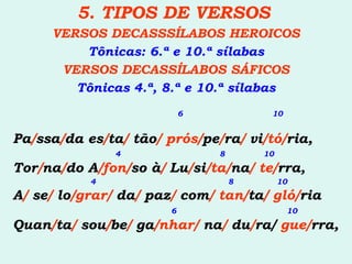5. TIPOS DE VERSOS   VERSOS DECASSSÍLABOS HEROICOS Tônicas: 6.ª e 10.ª sílabas VERSOS DECASSÍLABOS SÁFICOS Tônicas 4.ª, 8.ª e 10.ª sílabas 6   10   Pa / ssa / da es / ta /  tão /   prós/ pe / ra /  vi /tó/ ria, 4   8  10 Tor / na / do A /fon/ so à /  Lu / si /ta/ na /   te/ rra, 4   8    10 A /  se /  lo /grar/  da /  paz /  com /   tan/ ta /   gló/ ria 6   10 Quan / ta /  sou / be /  ga /nhar/  na /  du / ra/  gue/ rra, 