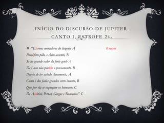 INÍCIO DO DISCURSO DE JUPITER.
                    CANTO I, ESTROFE 24.

 “Eternos moradores do luzente A           8 versos
Estelífero pólo, e claro assento, B
Se do grande valor da forte gente A
De Luso não perdeis o pensamento, B
Deveis de ter sabido claramente, A
Como é dos fados grandes certo intento, B
Que por ela se esqueçam os humanos C
De Assírios, Persas, Gregos e Romanos.” C
 
