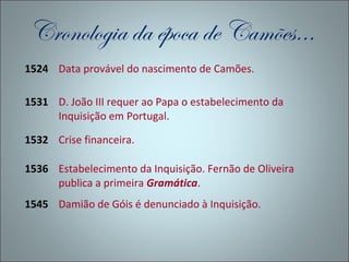 Cronologia da época de Camões…
1524 Data provável do nascimento de Camões.

1531 D. João III requer ao Papa o estabelecimento da
     Inquisição em Portugal.

1532 Crise financeira.

1536 Estabelecimento da Inquisição. Fernão de Oliveira
     publica a primeira Gramática.
1545 Damião de Góis é denunciado à Inquisição.
 