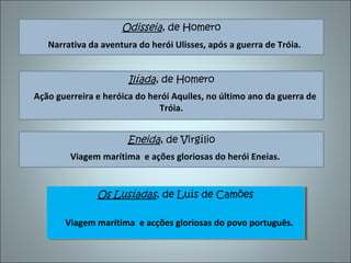 Odisseia, de Homero
   Narrativa da aventura do herói Ulisses, após a guerra de Tróia.


                       Ilíada, de Homero
Ação guerreira e heróica do herói Aquiles, no último ano da guerra de
                              Tróia.


                      Eneida, de Virgílio
        Viagem marítima e ações gloriosas do herói Eneias.


               Os Lusíadas,,de Luís de Camões
               Os Lusíadas de Luís de Camões

       Viagem marítima e acções gloriosas do povo português.
       Viagem marítima e acções gloriosas do povo português.
 