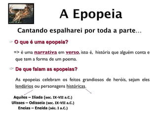 A Epopeia
    Cantando espalharei por toda a parte…
C O   que é uma epopeia?

  => é uma narrativa em verso, isto é, história que alguém conta e
   que tem a forma de um poema.

C De que falam as epopeias?

	

 As epopeias celebram os feitos grandiosos de heróis, sejam eles
    lendários ou personagens históricas.

  Aquiles – Ilíada (sec. IX-VII a.C.)
 Ulisses – Odisseia (sec. IX-VII a.C.)
     Eneias – Eneida (séc. I a.C.)
 