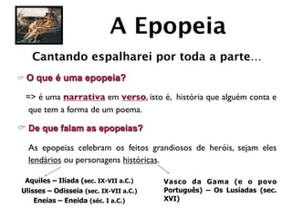 A Epopeia
    Cantando espalharei por toda a parte…
C O   que é uma epopeia?

  => é uma narrativa em verso, isto é, história que alguém conta e
   que tem a forma de um poema.

C De que falam as epopeias?

	

 As epopeias celebram os feitos grandiosos de heróis, sejam eles
    lendários ou personagens históricas.

  Aquiles – Ilíada (sec. IX-VII a.C.)    Vasco da Gama (e o povo
 Ulisses – Odisseia (sec. IX-VII a.C.)   Português) – Os Lusíadas (sec.
     Eneias – Eneida (séc. I a.C.)       XVI)
 