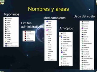 Nombres y áreas
Topónimos
                              Medioambiente        Usos del suelo

            Límites
            administrativos
                                       Antrópico
 