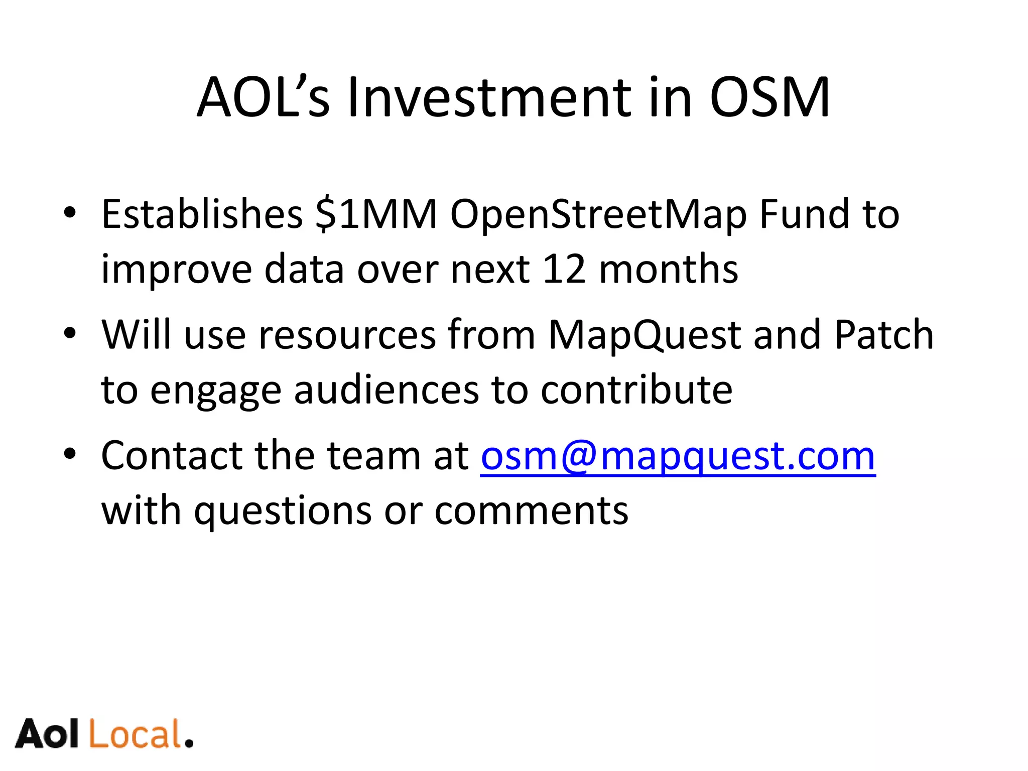 We’re Hiring!We need your help & expertiseWe want to engage and support the open-source mapping communityFull-time roles in London, NYC, Lancaster PA, Denver CO, and the SF Bay AreaContractor positions available elsewhere if you work on an open source project that we useContact us: open@mapquest.com