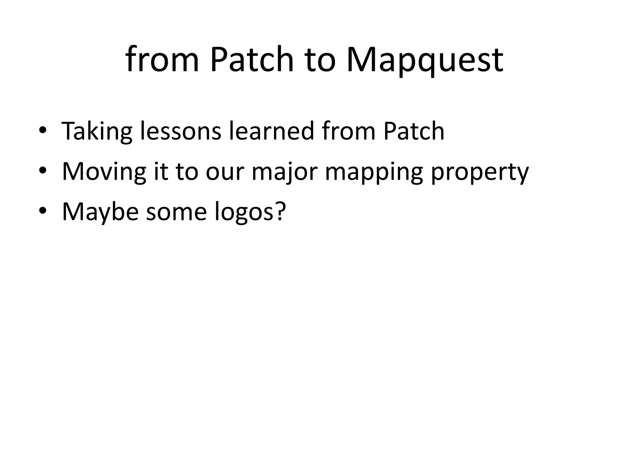 Mapquest on OSM!Launching a beta version of Mapquest on OSMUK site first: http://open.mapquest.co.uk/Other European domains to followEntirely new stack: Mapnik, TileCache, Nominatim, OSMPaying developers to contribute back to open source projectsWeb Mercator projectionPlease use our tiles (beta)