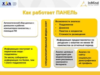 Как работает ПАНЕЛЬ
                                                               Возможности анализа:




                               СПЕЦИАЛИЗИРОВАННЫЙ МЕДИА СОФТ
Автоматический сбор данных с
домашних и рабочих                                             • Поддоменов
компьютеров панелистов, с                                      • Доменов
помощью ПО                                                     • Пакетов и холдингов
                                                               • Стоимости размещения

                                                               Информация предоставляется по
                                                                ресурсам с охватом не менее 50
                                                                панелистов за отчетный период
Информация поступает в
первичном виде:                                                Анализ целевых    Анализ по
поддомены                                                      аудиторий для     сайту:
За месяц собирается                                            медиапланиров     социально-
информация по более, чем                                       ания рекламных
                                                                                 демографическ
1.2млн поддоменов                                              кампаний в
                                                                                 ий профиль
                                                               Интернете
 
