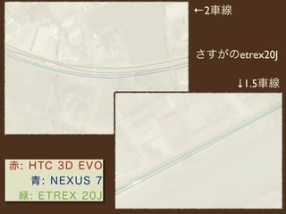 ←2車線


                   さすがのetrex20J

                          ↓1.5車線




赤: HTC 3D E VO
   青: NEXU S 7
 緑: ETR EX 2 0 J
 