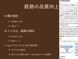 経路の品質向上
橋の場合
   bridge = yes

   layer = 1

トンネル・暗渠の場合
   tunnel = yes

   layer = -1

layer タグは -5 から 5まで設定可能

   デフォルト値は0

   詳しくは OSM wikiページの layerページを参照
 