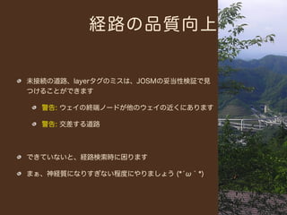 経路の品質向上


未接続の道路、layerタグのミスは、JOSMの妥当性検証で見
つけることができます

  警告: ウェイの終端ノードが他のウェイの近くにあります

  警告: 交差する道路



できていないと、経路検索時に困ります

まぁ、神経質になりすぎない程度にやりましょう (*́ω｀*)
 