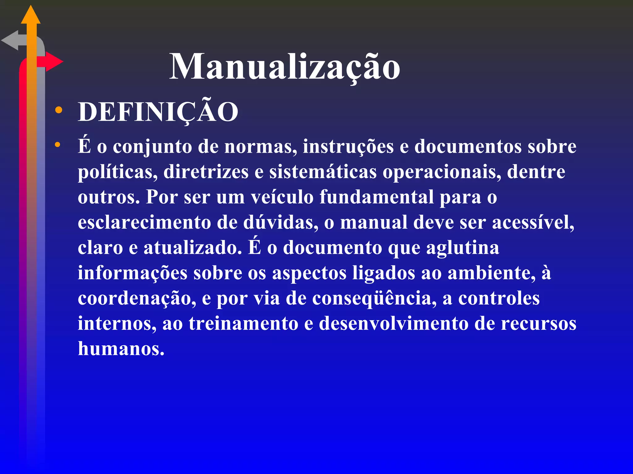 Manualização DEFINIÇÃO É o conjunto de normas, instruções e documentos sobre políticas, diretrizes e sistemáticas operacionais, dentre outros. Por ser um veículo fundamental para o esclarecimento de dúvidas, o manual deve ser acessível, claro e atualizado. É o documento que aglutina informações sobre os aspectos ligados ao ambiente, à coordenação, e por via de conseqüência, a controles internos, ao treinamento e desenvolvimento de recursos humanos. 