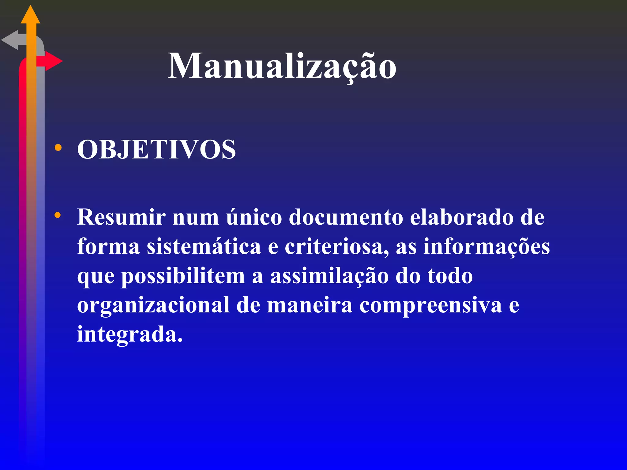 Manualização OBJETIVOS Resumir num único documento elaborado de forma sistemática e criteriosa, as informações que possibilitem a assimilação do todo organizacional de maneira compreensiva e integrada. 