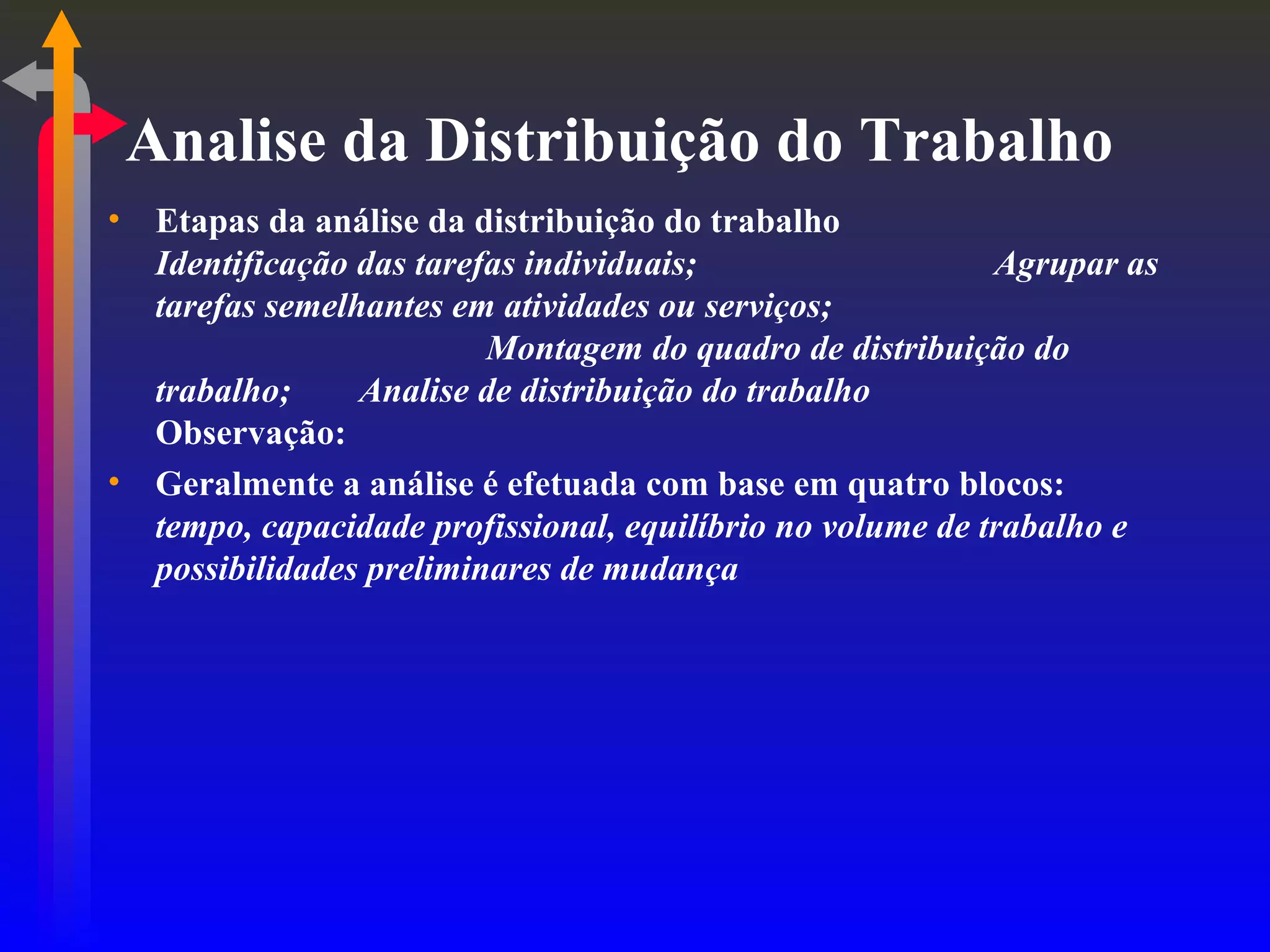 Analise da Distribuição do Trabalho Etapas da análise da distribuição do trabalho Identificação das tarefas individuais; Agrupar as tarefas semelhantes em atividades ou serviços; Montagem do quadro de distribuição do trabalho; Analise de distribuição do trabalho Observação: Geralmente a análise é efetuada com base em quatro blocos:  tempo, capacidade profissional, equilíbrio no volume de trabalho e possibilidades preliminares de mudança 