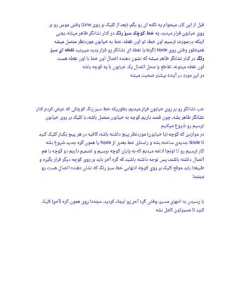 ‫روی‬ ‫بر‬ ‫کلیک‬ ‫از‬ ‫بعد‬ ،‫بگم‬ ‫رو‬ ‫ای‬ ‫نکته‬ ‫یه‬ ‫میخوام‬ ،‫کار‬ ‫این‬ ‫از‬ ‫قبل‬)Line‫بر‬ ‫رو‬ ‫موس‬ ‫وقتی‬ (
‫یه‬ ،‫میدید‬ ‫قرار‬ ‫خیابون‬ ‫روی‬‫رنگ‬ ‫سبز‬ ‫کوچک‬ ‫خط‬‫یعنی‬ ،‫میشه‬ ‫ظاهر‬ ‫نشانگر‬ ‫کنار‬ ‫در‬
‫میشه‬ ‫متصل‬ ‫موردنظر‬ ‫خیابون‬ ‫به‬ ‫خط‬ ،‫نقطه‬ ‫اون‬ ‫تو‬ ،‫خط‬ ‫اون‬ ‫ترسیم‬ ‫درصور ت‬ ‫اینکه‬
‫روی‬ ‫وقتی‬ ‫همینطور‬Node‫میبینید‬ ‫بدید‬ ‫قرار‬ ‫رو‬ ‫نشانگر‬ ‫ای‬ ‫نقطه‬ ‫یا‬ ‫گره‬( )‫سبز‬ ‫ای‬ ‫نقطه‬
‫رنگ‬‫هست‬ ‫نقطه‬ ‫اون‬ ‫با‬ ‫خط‬ ‫اون‬ ‫اتصال‬ ‫دهنده‬ ‫نشون‬ ‫که‬ ‫میشه‬ ‫ظاهر‬ ‫نشانگر‬ ‫کنار‬ ‫در‬
‫باشه‬ ‫کوچه‬ ‫یه‬ ‫با‬ ‫خیابون‬ ‫یک‬ ‫اتصال‬ ‫محل‬ ‫یا‬ ‫تقاطع‬ ،‫میتونه‬ ‫نقطه‬ ‫اون‬
‫میشه‬ ‫صحبت‬ ‫بیشتر‬ ‫آینده‬ ‫در‬ ‫مورد‬ ‫این‬ ‫در‬
‫کنار‬ ‫کردم‬ ‫عرض‬ ‫که‬ ‫کوچکی‬ ‫رنگ‬ ‫سبز‬ ‫خط‬ ‫بطوریکه‬ ،‫میدیم‬ ‫قرار‬ ‫خیابون‬ ‫روی‬ ‫بر‬ ‫رو‬ ‫نشانگر‬ ‫خب‬
‫خیابون‬ ‫روی‬ ‫بر‬ ‫کلیک‬ ‫با‬ ،‫باشه‬ ‫متصل‬ ‫خیابون‬ ‫به‬ ‫کوچه‬ ‫داریم‬ ‫قصد‬ ‫چون‬ ،‫بشه‬ ‫ظاهر‬ ‫نشانگر‬
‫میکنیم‬ ‫شروع‬ ‫رو‬ ‫ترسیم‬
‫کنید‬ ‫کلیک‬ ‫یکبار‬ ‫پیچ‬ ‫هر‬ ‫در‬ ‫کافیه‬ ،‫باشه‬ ‫داشته‬ ‫پیچ‬ ‫موردنظر‬ ‫خیابون‬ ‫یا‬ ‫کوچه‬ ‫که‬ ‫مواردی‬ ‫در‬( )
‫تا‬Node‫از‬ ‫بعدی‬ ‫خط‬ ‫راستای‬ ‫و‬ ‫بشه‬ ‫ساخته‬ ‫جدیدی‬Node‫بشه‬ ‫شروع‬ ‫جدید‬ ‫گره‬ ‫همون‬ ‫یا‬
‫هم‬ ‫با‬ ‫کوچه‬ ‫دو‬ ‫داریم‬ ‫تصمیم‬ ‫و‬ ‫برسیم‬ ‫کوچه‬ ‫پایان‬ ‫به‬ ‫که‬ ‫میدیم‬ ‫ادامه‬ ‫اونجا‬ ‫تا‬ ‫رو‬ ‫ترسیم‬ ‫کار‬
‫و‬ ‫بگیره‬ ‫قرار‬ ‫دیگر‬ ‫کوچه‬ ‫روی‬ ‫بر‬ ‫باید‬ ‫آخر‬ ‫گره‬ ‫که‬ ‫باشید‬ ‫داشته‬ ‫توجه‬ ‫پس‬ ،‫باشند‬ ‫داشته‬ ‫اتصال‬
‫رو‬ ‫هست‬ ‫اتصال‬ ‫دهنده‬ ‫نشان‬ ‫که‬ ‫رنگ‬ ‫سبز‬ ‫خط‬ ‫انتهایی‬ ‫کوچه‬ ‫روی‬ ‫بر‬ ‫کلیک‬ ‫موقع‬ ‫باید‬ ‫طبیعتا‬
‫ببینید‬!
‫کلیک‬ ‫آخر‬ ‫گره‬ ‫همون‬ ‫روی‬ ‫مجددا‬ ،‫کردید‬ ‫ایجاد‬ ‫رو‬ ‫آخر‬ ‫گره‬ ‫وقتی‬ ،‫مسیر‬ ‫انتهای‬ ‫به‬ ‫رسیدن‬ ‫با‬( )
‫بشه‬ ‫کامل‬ ‫مسیرتون‬ ‫تا‬ ‫کنید‬
 