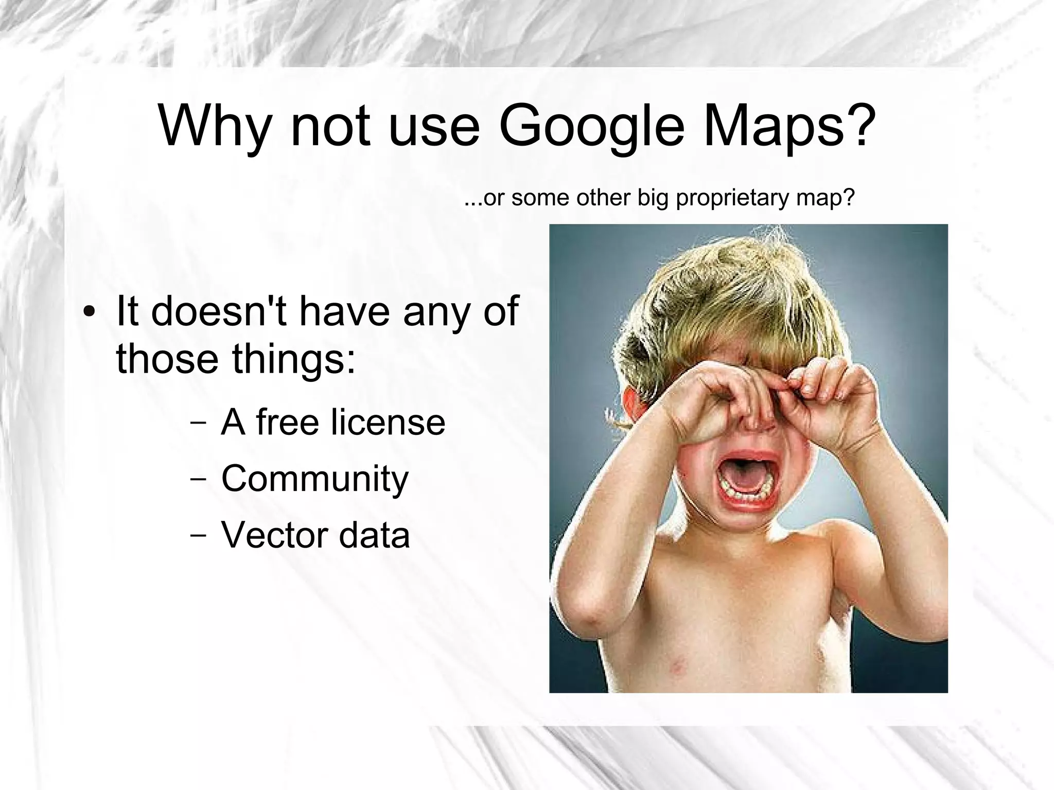 Why not use Google Maps?
                             ...or some other big proprietary map?



●   It doesn't have any of
    those things:
        –   A free license
        –   Community
        –   Vector data
 