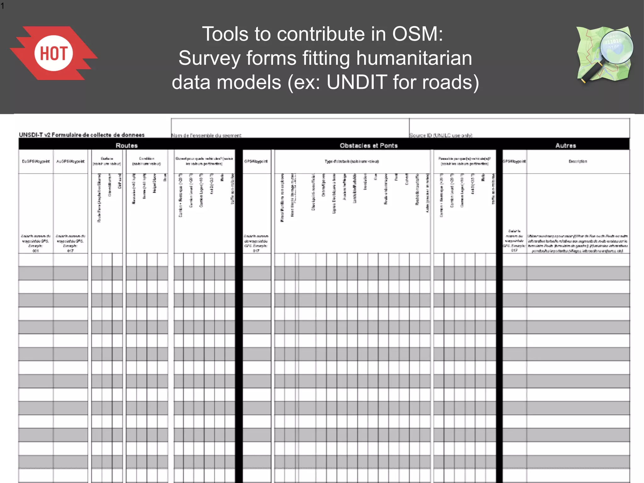 1

Tools to contribute in OSM:
Survey forms fitting humanitarian
data models (ex: UNDIT for roads)

 