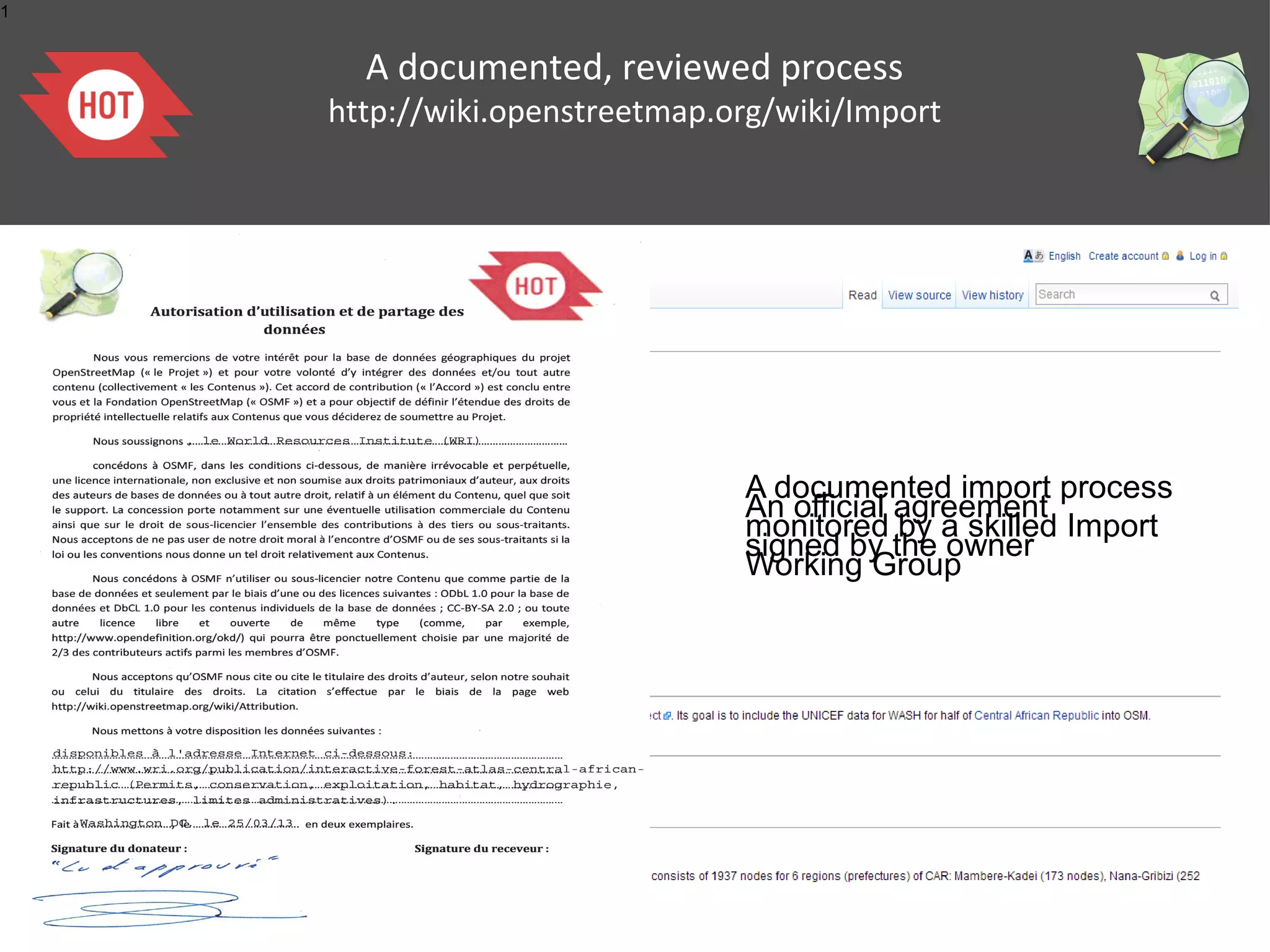 1

A documented, reviewed process

http://wiki.openstreetmap.org/wiki/Import

A documented import process
An official agreement
monitored by a skilled Import
signed by the owner
Working Group

 