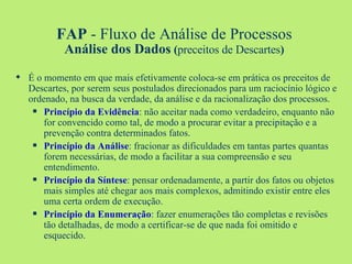FAP  - Fluxo de Análise de Processos Análise dos Dados  ( preceitos de Descartes ) É o momento em que mais efetivamente coloca-se em prática os preceitos de Descartes, por serem seus postulados direcionados para um raciocínio lógico e ordenado, na busca da verdade, da análise e da racionalização dos processos. Princípio da Evidência : não aceitar nada como verdadeiro, enquanto não for convencido como tal, de modo a procurar evitar a precipitação e a prevenção contra determinados fatos. Princípio da Análise : fracionar as dificuldades em tantas partes quantas forem necessárias, de modo a facilitar a sua compreensão e seu entendimento. Princípio da Síntese : pensar ordenadamente, a partir dos fatos ou objetos mais simples até chegar aos mais complexos, admitindo existir entre eles uma certa ordem de execução. Princípio da Enumeração : fazer enumerações tão completas e revisões tão detalhadas, de modo a certificar-se de que nada foi omitido e esquecido. 