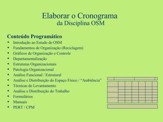 Elaborar o Cronograma  da Disciplina OSM Conteúdo Programático Introdução ao Estudo de OSM Fundamentos de Organização (Reciclagem) Gráficos de Organização e Controle Departamentalização Estruturas Organizacionais Patologia Organizacional Análise Funcional / Estrutural Análise e Distribuição do Espaço Físico / “Ambiência” Técnicas de Levantamento Análise e Distribuição do Trabalho Formulários Manuais PERT / CPM 