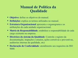 Manual de Política da  Qualidade Objetivo : define os objetivos do manual. Definições : explica os termos utilizados no manual. Estrutura Organizacional : apresenta o organograma e as atribuições de cada unidade organizacional. Matriz de Responsabilidade : estabelece a responsabilidade de cada cargo existente na empresa. Diretrizes do sistema da Qualidade : Controle e registro da documentação, inspeções e ensaios, ações corretivas e preventivas, auditorias internas da qualidade, etc) Declaração de Conformidade : atendimento aos requisitos da ISO 9000. 