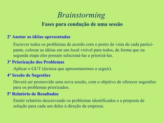 Brainstorming   Fases para condução de uma sessão 2º Anotar as idéias apresentadas Escrever todos os problemas de acordo com o ponto de vista de cada partici-pante, colocar as idéias em um local visível para todos, de forma que na segunda etapa eles possam selecioná-las e priorizá-las. 3º Priorização dos Problemas Aplicar o GUT (técnica que apresentaremos a seguir). 4º Sessão de Sugestões Deverá ser promovido uma nova sessão, com o objetivo de oferecer sugestões para os problemas priorizados. 5º Relatório de Resultados Emitir relatório descrevendo os problemas identificados e a proposta de solução para cada um deles à direção da empresa. 