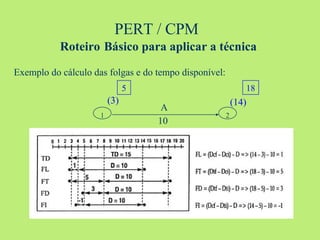 PERT / CPM  Roteiro   Básico para aplicar a técnica Exemplo do cálculo das folgas e do tempo disponível: 1 2 5 18 (3) (14) A 10 