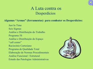 Algumas “Armas” (ferramentas)  para combater os Desperdícios: Just In Time  Seis Sigmas Análise e Distribuição do Trabalho Programa 5S Análise e Distribuição do Espaço “ call center” Raciocínio Cartesiano Programa de Qualidade Total Elaboração de Normas Procedimentais Análise Funcional / Estrutural Estudo das Patologias Administrativas A Luta contra os Desperdícios   Q 