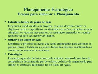Planejamento Estratégico Etapas para elaborar o Planejamento Estrutura básica do plano de ação  Programas, subdivididos em projetos, os quais deverão conter: os objetivos gerais e específicos, as atividades ou ações, as metas a serem atingidas, os recursos necessários, os resultados esperados e a equipe responsável pelo seu desenvolvimento. Objetivo do plano de ação  Identificar e priorizar as ações que serão empregadas para eliminar os pontos fracos e fortalecer os pontos fortes da empresa, constituindo as diretrizes do processo de mudança. Estratégias  Elementos que irão definir como cada unidade, dentro de sua área de competência deverá participar do esforço coletivo da organização para atingir os objetivos delineados no no Plano de Ação. 