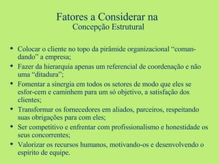 Fatores a Considerar na  Concepção Estrutural Colocar o cliente no topo da pirâmide organizacional “coman-dando” a empresa; Fazer da hierarquia apenas um referencial de coordenação e não uma “ditadura”; Fomentar a sinergia em todos os setores de modo que eles se esfor-cem e caminhem para um só objetivo, a satisfação dos clientes; Transformar os fornecedores em aliados, parceiros, respeitando suas obrigações para com eles; Ser competitivo e enfrentar com profissionalismo e honestidade os seus concorrentes; Valorizar os recursos humanos, motivando-os e desenvolvendo o espírito de equipe. 