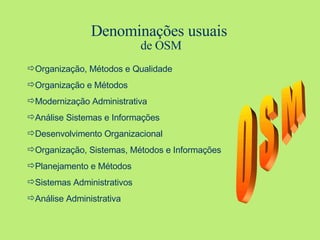 Denominações usuais  de OSM Organização, Métodos e Qualidade Organização e Métodos Modernização Administrativa Análise Sistemas e Informações Desenvolvimento Organizacional Organização, Sistemas, Métodos e Informações Planejamento e Métodos Sistemas Administrativos Análise Administrativa O S M 