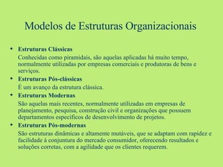 Modelos de Estruturas Organizacionais Estruturas Clássicas Conhecidas como piramidais, são aquelas aplicadas há muito tempo, normalmente utilizadas por empresas comerciais e produtoras de bens e serviços. Estruturas Pós-clássicas É um avanço da estrutura clássica. Estruturas Modernas São aquelas mais recentes, normalmente utilizadas em empresas de planejamento, pesquisa, construção civil e organizações que possuem departamentos específicos de desenvolvimento de projetos. Estruturas Pós-modernas São estruturas dinâmicas e altamente mutáveis, que se adaptam com rapidez e facilidade à conjuntura do mercado consumidor, oferecendo resultados e soluções corretas, com a agilidade que os clientes requerem. 