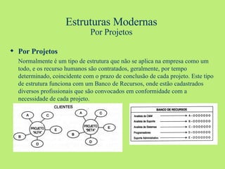 Estruturas Modernas Por Projetos Por Projetos Normalmente é um tipo de estrutura que não se aplica na empresa como um todo, e os recurso humanos são contratados, geralmente, por tempo determinado, coincidente com o prazo de conclusão de cada projeto. Este tipo de estrutura funciona com um Banco de Recursos, onde estão cadastrados diversos profissionais que são convocados em conformidade com a necessidade de cada projeto.  