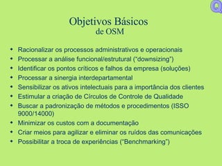 Objetivos Básicos  de OSM Racionalizar os processos administrativos e operacionais Processar a análise funcional/estrutural (“downsizing”) Identificar os pontos críticos e falhos da empresa (soluções) Processar a sinergia interdepartamental Sensibilizar os ativos intelectuais para a importância dos clientes Estimular a criação de Círculos de Controle de Qualidade Buscar a padronização de métodos e procedimentos (ISSO 9000/14000) Minimizar os custos com a documentação Criar meios para agilizar e eliminar os ruídos das comunicações Possibilitar a troca de experiências (“Benchmarking”) Q 