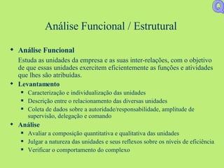 Análise Funcional / Estrutural Análise Funcional Estuda as unidades da empresa e as suas inter-relações, com o objetivo de que essas unidades exercitem eficientemente as funções e atividades que lhes são atribuídas.  Levantamento Caracterização e individualização das unidades Descrição entre o relacionamento das diversas unidades Coleta de dados sobre a autoridade/responsabilidade, amplitude de supervisão, delegação e comando Análise Avaliar a composição quantitativa e qualitativa das unidades Julgar a natureza das unidades e seus reflexos sobre os níveis de eficiência Verificar o comportamento do complexo  Q 