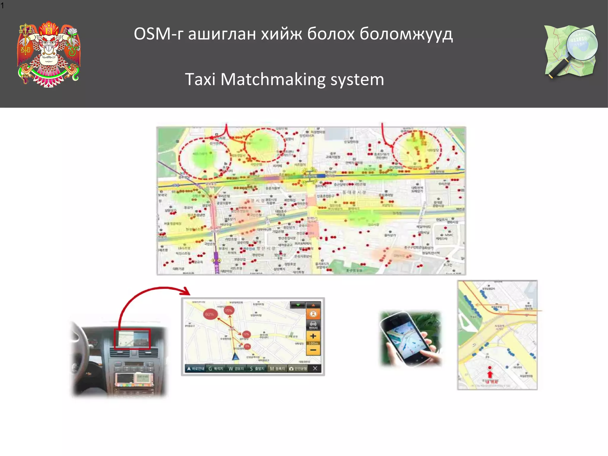 1

OSM-г ашиглан хийж болох боломжууд
Taxi Matchmaking system

 