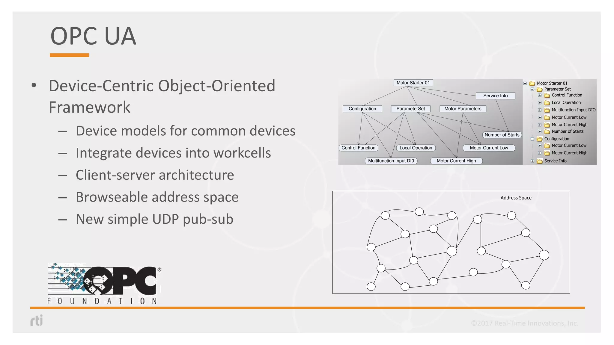 OPC UA
• Device-Centric Object-Oriented
Framework
– Device models for common devices
– Integrate devices into workcells
– Client-server architecture
– Browseable address space
– New simple UDP pub-sub
Motor Starter 01
Configuration
Control Function Local Operation
Multifunction Input DI0
ParameterSet Motor Parameters
Motor Current Low
Motor Current High
Service Info
Number of Starts
Motor Starter 01
Parameter Set
Control Function
Local Operation
Configuration
Multifunction Input DIO
Motor Current Low
Motor Current High
Number of Starts
Motor Current Low
Motor Current High
Service Info
Address Space
©2017 Real-Time Innovations, Inc.
 