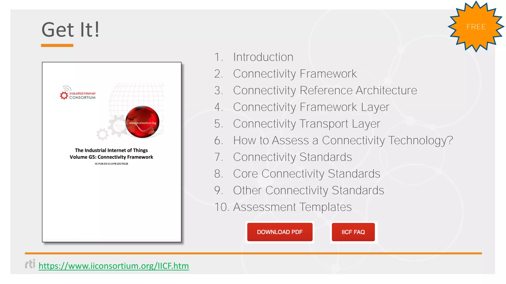 Get It!
1. Introduction
2. Connectivity Framework
3. Connectivity Reference Architecture
4. Connectivity Framework Layer
5. Connectivity Transport Layer
6. How to Assess a Connectivity Technology?
7. Connectivity Standards
8. Core Connectivity Standards
9. Other Connectivity Standards
10. Assessment Templates
https://www.iiconsortium.org/IICF.htm
FREE
 