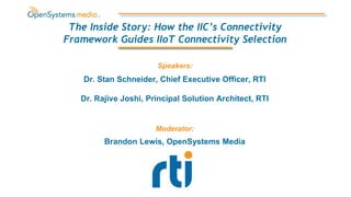 Dr. Stan Schneider, Chief Executive Officer, RTI
Dr. Rajive Joshi, Principal Solution Architect, RTI
The Inside Story: How the IIC’s Connectivity
Framework Guides IIoT Connectivity Selection
Moderator:
Brandon Lewis, OpenSystems Media
Speakers:
 