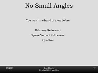 No Small Angles You may have heard of these before. Delaunay Refinement Sparse Voronoi Refinement Quadtree 