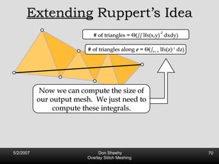 Extending  Ruppert’s Idea Now we can compute the size of our output mesh.  We just need to compute these integrals. # of triangles along  e  =   ( s z 2  e  lfs(z) -1  dz) # of triangles =   ( ss  lfs(x,y) -2  dxdy) 