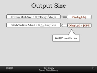 Output Size Stitch Vertices Added =   ( s z 2  E  lfs(z) -1  dz) Overlay Mesh Size  =   ( ss  lfs(x,y) -2  dxdy) O(n log L/s) O(log L/s) £  |OPT| We’ll Prove this now 