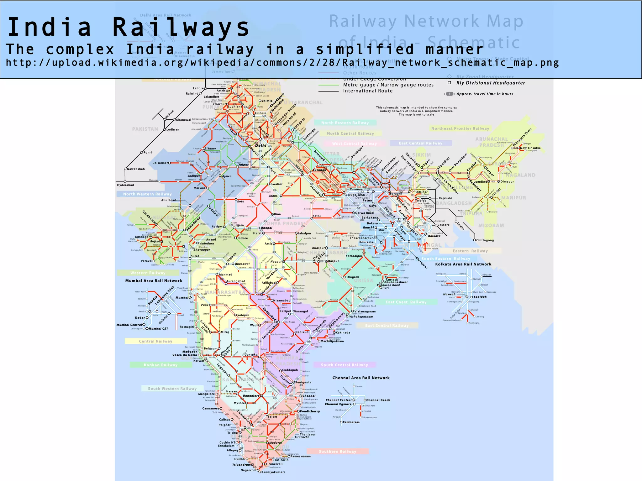 India Railways
The complex India railway in a simplified manner
http://upload.wikimedia.org/wikipedia/commons/2/28/Railway_network_schematic_map.png
 