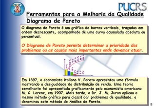 8
Ferramentas para a Melhoria da Qualidade
Diagrama de Pareto
O diagrama de Pareto é um gráfico de barras verticais, traçadas em
ordem decrescente, acompanhado de uma curva acumulada absoluta ou
percentual.
O Diagrama de Pareto permite determinar a prioridade dos
problemas ou as causas mais importantes onde devemos atuar.
Em 1897, o economista italiano V. Pareto apresentou uma fórmula
mostrando a desigualdade da distribuição de renda. Uma teoria
semelhante foi apresentada graficamente pelo economista americano
M. C. Lorenz, em 1907. Mais tarde, o Dr. J. M. Juran aplicou o
mesmo método gráfico para classificar problemas de qualidade, e
denominou este método de Análise de Pareto.
34
%
25
%
19
%
9
%
6
%
5
%
2
%
59,0
%
78
%
87
%
93
%
98
%
100
%
 