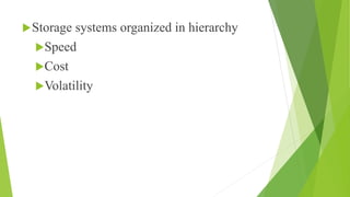 Storage systems organized in hierarchy
Speed
Cost
Volatility
 