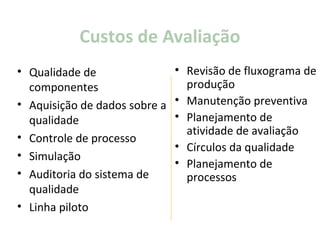 Custos de Avaliação
• Qualidade de                 • Revisão de fluxograma de
  componentes                    produção
• Aquisição de dados sobre a   • Manutenção preventiva
  qualidade                    • Planejamento de
                                 atividade de avaliação
• Controle de processo
                               • Círculos da qualidade
• Simulação
                               • Planejamento de
• Auditoria do sistema de        processos
  qualidade
• Linha piloto
 